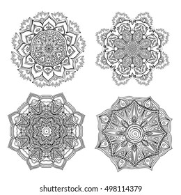 Set of round ornaments. Mandala design. Can be used for antistress coloring. Lace pattern. Mehndi tattoo. Boho. Doily. Vector art
