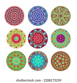 Set of round ornaments. Nine mandalas. Vector.