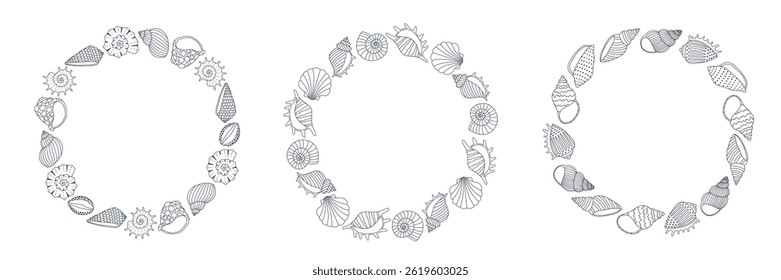 Conjunto de redondo com conchas azuis contorno. Elementos de design para impressão, adesivo, cartão de saudação e convite. Ilustração isolada de vetor