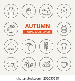 Set of round and outlined autumn icons. Coat, Acorn, Fruits, Leaf, Pumpkin, Jam, Rain, Umbrella, Harvest, Mushroom, Study, Berry, Thanksgiving Day, Tea. Perfect for web pages, mobile applications