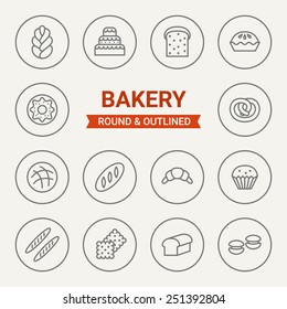 Set of round and outlined bakery icons. Bread, Cake, Toast, Apple Pie, Donut, Pretzel, Loaf, Croissant, Cupcake, Baguette, Cracker, Cookies, Macaroon. Perfect for web pages, mobile applications