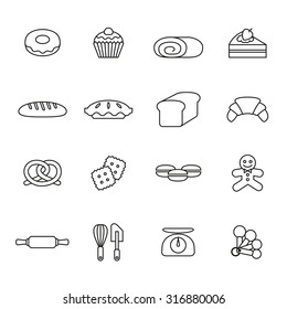 Set of round and outlined Bakery, pastry and bakery tool icons.