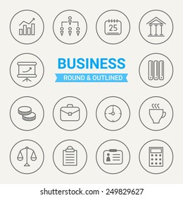 Set of round and outlined business icons. Business Progress, Hierarchy, Calendar, Bank, Presentation, Documents, Money, Case, Time, Break, Decision, Plan, ID Card, Calculation. Perfect for web pages