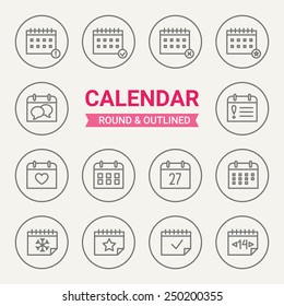 Set of round and outlined calendar icons. Important Date, Event, Reminder, Business Plan, Dead Line, Party, Valentine's Day, Birthday, Winter, Date, Christmas, Event. Perfect for web pages