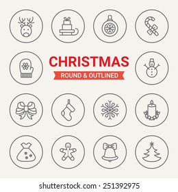 Set of round and outlined Christmas icons. Deer, Santa's Sleigh, Ball, Candy, Mitten, Snowman, Bow, Christmas Boot, Snowflake, Candle, Gifts, Ginger Man, Bell, Fir Tree. Perfect for web pages