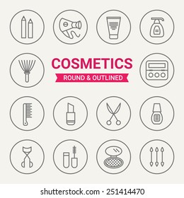 Set of round and outlined cosmetics icons. Pencils, Hair Dryer, Cream, Liquid Soap, Brush, Eye Shadows, Comb, Lipstick, Scissors, Nail Polish, Curlers, Mascara, Powder, Applicators. Perfect for web 