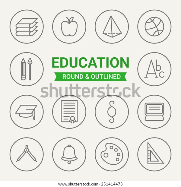 Set of round and outlined educational icons.\
Literature, Apple, Geometry, Sport, Drawing, Abc, Graduating Cap,\
Diploma, Paragraph, Laptop, Divider, Bell, Painting, Ruler. Perfect\
for web pages