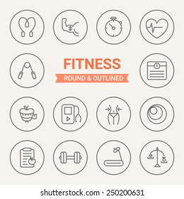 Set of round and outlined fitness icons. Jumping, Bodybuilding, Stopwatch, Heart Rate, Scales, Diet, Player, Fitness, Gymnastic Ball, Accounting Calories, Dumbbell, Cardio Workout, Healthy Eating. 