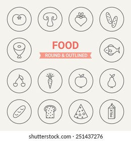 Set of round and outlined food icons. Tomato, Mushroom, Beet, Cucumber, Meat, Fish, Cherry, Carrot, Apple, Pear, Loaf, Bread, Cheese, Milk. Perfect for web pages, mobile applications, print production