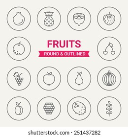 Set of round and outlined fruits icons. Pomegranate, Pineapple, Lemon, Strawberry, Orange, Cherry, Grapes, Apple, Pear, Watermelon, Apricot, Raspberry, Coconut, Currant Perfect for mobile applications