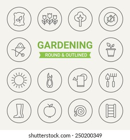 Set of round and outlined gardening icons. Seeds, Flowers, Tree, Insect Exterminator, Ground, Sprout, Sun, Secateurs, Watering Can, Weeding, Gumboots, Fruit, Watering, Garden Stairs. Perfect for web
