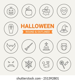 Set of round and outlined Halloween icons. Pumpkin, Potion, Ghost, Skull, Coffin, Bell Witch, Bat, Broom, Grave, Owl, Web, Scary Face, Cat, Candy. Perfect for web pages, mobile applications