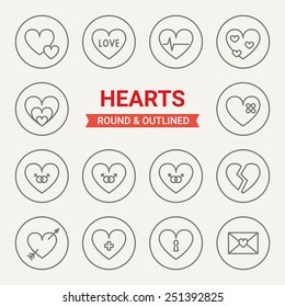 Set of round and outlined hearts icons. Love, Pulse, Passion, Hurt, Heterosexual Pair, Homosexual Pair, Broken Heart, Cupid arrow, Sympathy, Deepest Secrets, Love Letter. Perfect for web pages