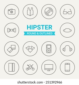Set of round and outlined hipster icons. Camera, Waistcoat, Record, Glasses, Bow, Hat, Photo, Beard, Player, Headphones, Notepad, Bicycle, Computer, Phone. Perfect for web pages, mobile applications