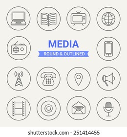 Set Of Round And Outlined Media Icons. Laptop, Newspaper, TV Set, Internet, Radio, Mobile, Tower, Phone, Mark, Loudspeaker, Film, Mail, Letter, Microphone. Perfect For Web Pages, Mobile Applications