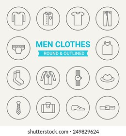 Set of round and outlined men clothing icons. Cardigan, Shirt, T-Shirt, Trousers, Underwear, Socks, Jacket, Wristwatch, Hat, Tie, Case, Shoes, Belt. Perfect for web pages, mobile applications, prints