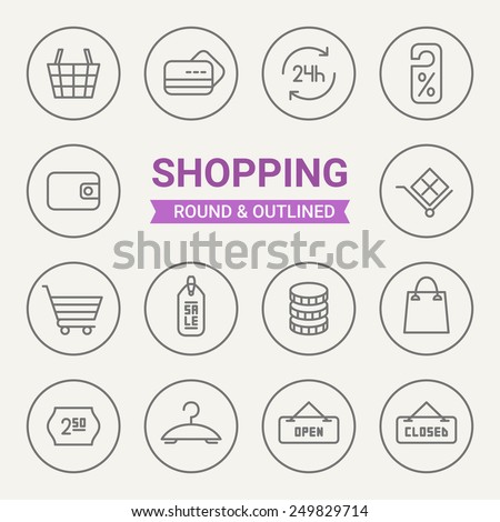Set of round and outlined shopping icons. Cart, Payment Card, Around The Clock, Sale, Wallet, Delivery, Shopping Cart, Tag, Money, Purchase, Price, Clothes, Open, Closed. Perfect for web pages, prints