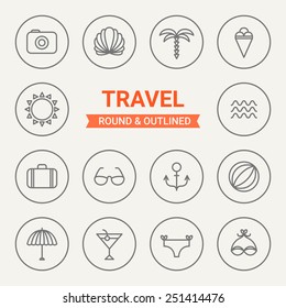 Set of round and outlined travel icons. Camera, Shell, Palm, Ice Cream, Sun, Sea, Case, Sunglasses, Anchor, Ball, Umbrella, Cocktail, Bikini. Perfect for web, mobile applications, print production