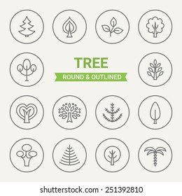 Set of round and outlined tree icons. Fir, Linden, Sprout, Maple, Oak, Spruce, Baobab, Cypress, Poplar, Ash Tree, Palm. Perfect for web pages, mobile applications, print production