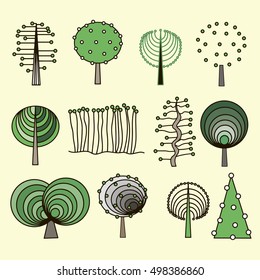 Set of round and outlined tree icons