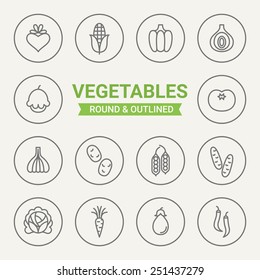 Set of round and outlined vegetables icons. Beet, Corn, Paprika, Onion, Squash, Tomato, Garlic, Potato, Peas, Cucumber, Cabbage, Carrot, Eggplant, Chilli. Perfect for web pages, mobile applications