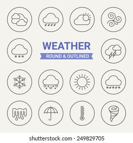 Set of round and outlined weather icons. Partly Cloudy, Rain, Mostly Cloudy, Frost, Snow, Storm, Hail, Snowflake, Sunny, Sleet, Thaw, Umbrella, Temperature, Hurricane. Perfect for web pages, prints