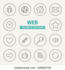 Set of round and outlined web icons. Social network, Internet, Home, Mail, Clock, Favourites, Like, Link, Volume, Forward, Reload. Perfect for web pages, mobile applications, print production