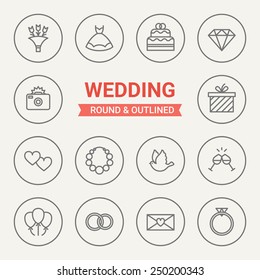 Set of round and outlined wedding icons. Bouquet, Wedding Dress, Cake, Diamond, Photo, Gift, Love, Beads, Dove, Champagne, Balloons, Marriage, Love Letter, Wedding Ring. Perfect for web pages