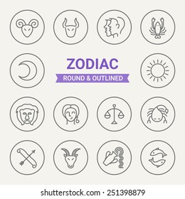 Set of round and outlined zodiac icons. Aries, Taurus, Gemini, Cancer, Leo, Virgo, Libra, Scorpio, Sagittarius, Capricorn, Aquarius, Pisces, Moon, Sun. Perfect for web pages, mobile applications