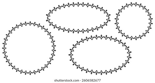 Set of round and oval frame. Vector stencils with abstract flower pattern. Black simple flowers on white background. Monochrome plant design element. Decorative floral design for laser cut