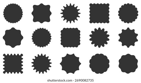 Set round and oval, rectangular and square, arch shapes with curvy edges. Cute geometric forms with scalloped borders. Empty textboxes, stickers, tags or labels. Vector flat illustration.