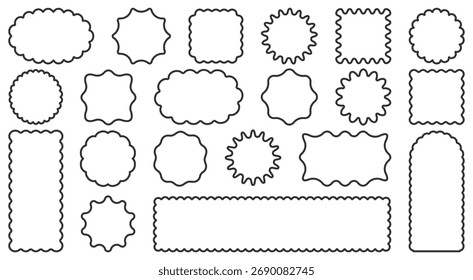 Set round and oval, rectangular and square, arch shapes with curvy edges. Cute geometric forms with scalloped borders. Empty textboxes, stickers, tags or labels. Vector flat illustration.