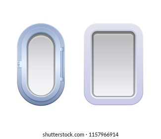 Set of round oval and rectangular windows, portholes. Illuminators on submarine and ship. Metal, with lattice and glass windows on the ship. Metal submarine, warship. Vector illustration isolated.