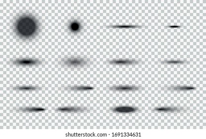 Set of round and oval vector shadows with soft edges isolated on transparent background.