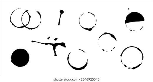 Set of round paint prints. Vector illustration of round ink strokes. Circles template for logo or icon. Black paint splashes isolated on white background. Liquid splatter and abstract stain