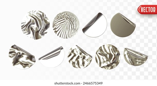 Set of round paper silver stickers gradient foil film. Realistic design round sticker label template isolated background. Collection mockup price tag sale. Vector illustration