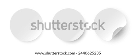 Set of Round Paper Sticker Mockup with Curved Corner and Shadow.White Round Sticker Template with Shadow and Curved Edge.Realistic Adhesive Paper Sticker Mockup with Curved Corner.Vector Illustration