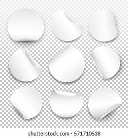 Set of round paper sticker template with bent edge with translucent shadow. Web banner. Element for advertising and promotional message isolated on transparent background. Vector for your design