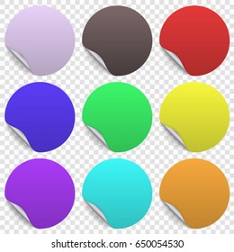 set of Round paper sticker template with bent edge and shadow, Transparent background