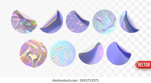 Set of round paper stickers hologram lilac gradient color. Realistic design round sticker label template isolated background. Collection mockup price tag sale. Vector illustration