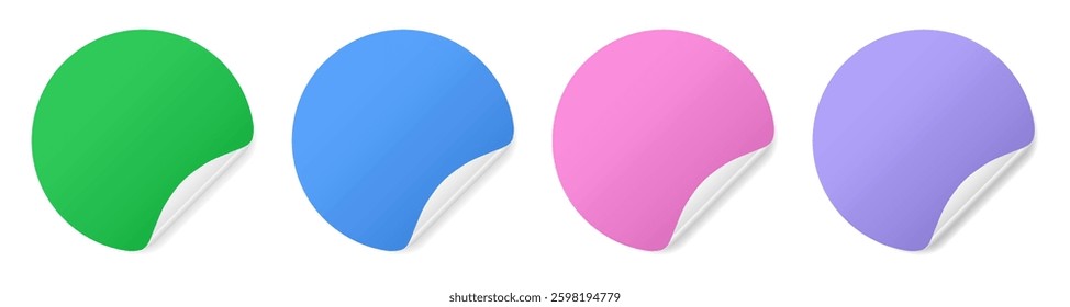 Set of round paper stickers with silver foil back. Stick in notes. Green, blue, purple and pink colors. Multicolor post it notes. Sheets of paper. Tag, sticky note	
