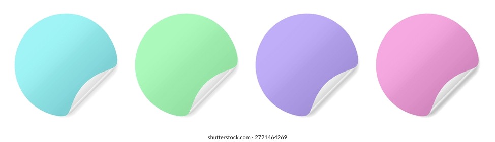 Set of round paper stickers with silver foil back. Stick in notes. Blue, green, purple, and pink colors. Multicolor post it notes. Sheets of paper. Tag, sticky note