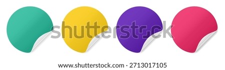 Set of round paper stickers with silver foil back. Stick in notes. Turquoise, yellow, purple, and maroon colors. Multicolor post it notes. Sheets of paper. Tag, sticky note