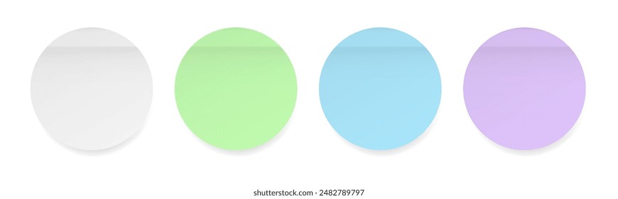 Set of round paper stickers. Stick in notes. White, green, blue and purple colors. Multicolor post it notes. Sheets of paper. Tag, sticky note