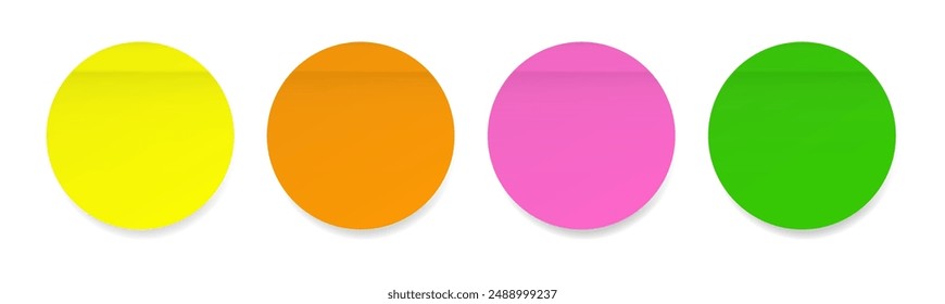 Set of round paper stickers. Stick in notes. Green, yellow, orange and pink colors. Multicolor post it notes. Sheets of paper. Tag, sticky note