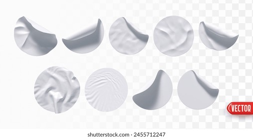 Set of round paper white flat stickers. Realistic design round wrap sticker label template isolated background. Collection mockup price tag sale. Vector illustration