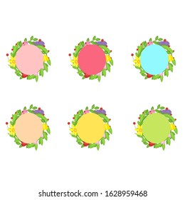 Set of round pastel frames from spring flowers in flat style isolated on white background. Greeting card for Women's Day, place for text. Stock vector illustration for decoration and design, packaging