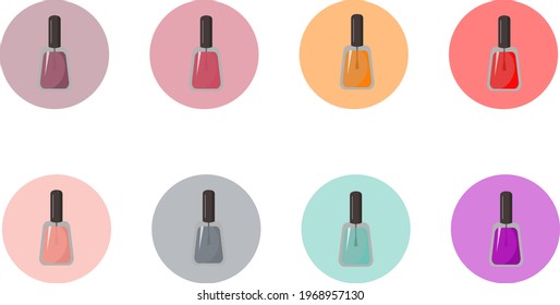 Set of round patterns with bottles of nail polish. Multicolored icons for beauty bloggers. Vector illustration. For social media, beauty, blogs, covers, stories and designs.