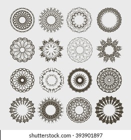 Set of round patterns. Circular ornament design element. Vector trendy symbols.