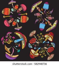 Set of round patterns with mushrooms